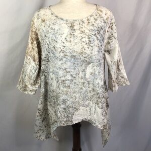 BOHO Blouse Size M Tunic Top Asymmetrical Hand Tie Dye Cotton Gray White Brown
